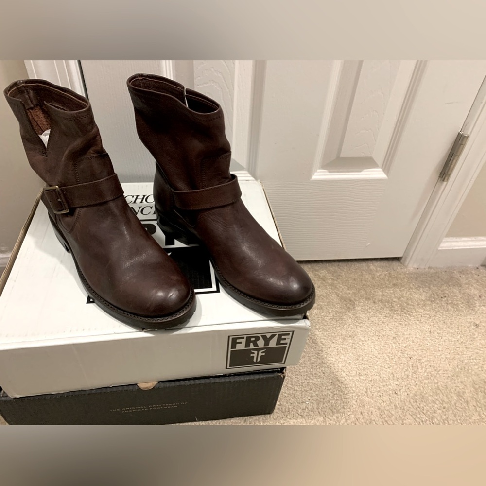 Frye Dark Brown Leather Buckle Ankle Boots